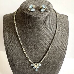 Vintage Lind Gal LG Blue Moonstone Rhinestone Parure Necklace Earring Set MCM